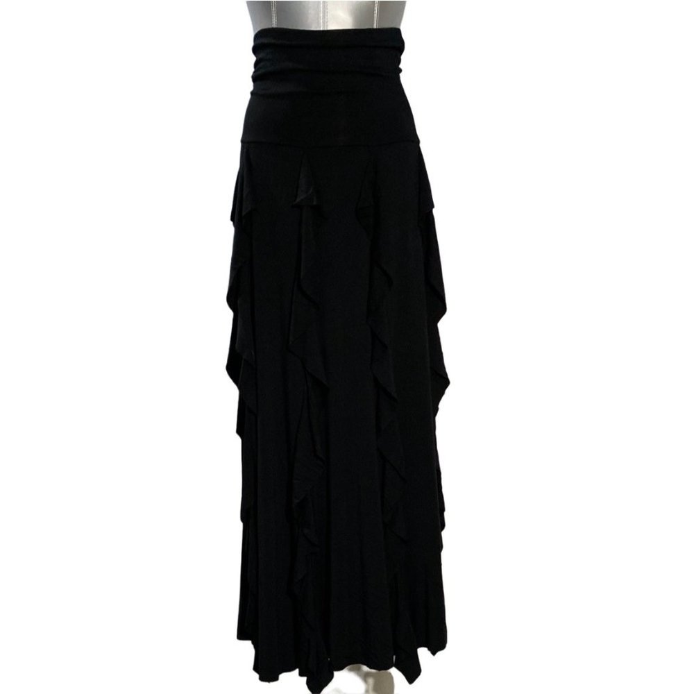 Comfy XS Maxi Skirt Long Tier Steampunk Hippie Solid Black Asymmetric Hem Flirty